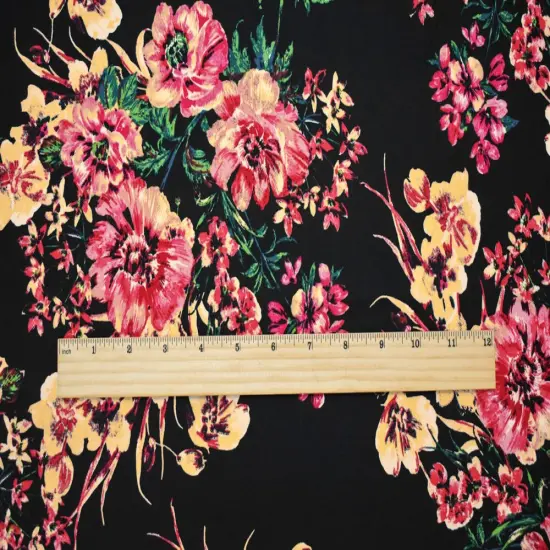 Black-Red-Multi Cotton Floral Print Stretch Spandex Poplin Woven Fabric By the Yard {2}