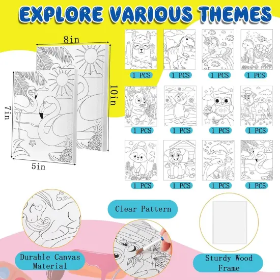 84-Pc Kids Paint Set with 12 Pre-Drawn Animal Canvases, Brushes, Paints & Apron (5 x 7 Inches) {2}