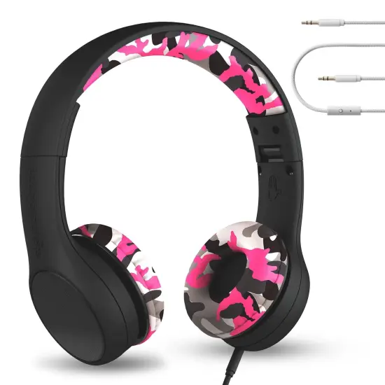LilGadgets Connect+ Style On-Ear Kids Headphones with Microphone - SharePort Technology, SoftTouch Padding, Detachable Cable, Noise Reduction, Durable & Adjustable - Pink Camo Multicolor {1}