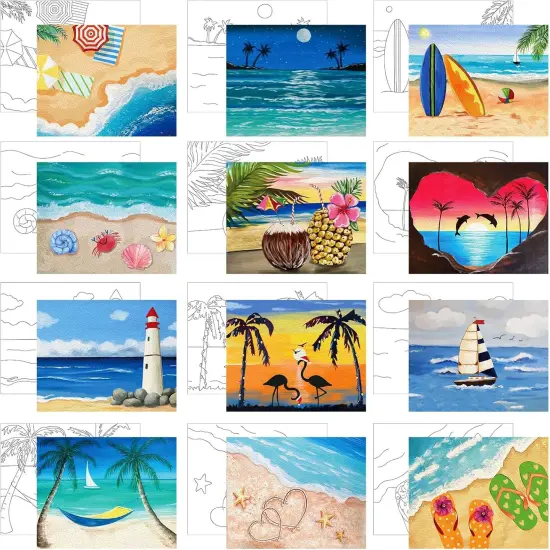 12 Pcs Pre Drawn Canvas for Painting for Adults 8 x 8 Inch Canvas Painting Kits Stretched with Drawing 8 x 8 inches {1}