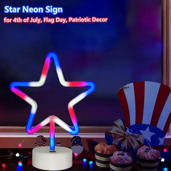 Summer Star Neon Lights &ndash; Red, White, and Blue LED Star Sign with Holder Base, USB or Battery Powered Table Light for Bedroom, Home Decor, and Summer Gatherings {4}