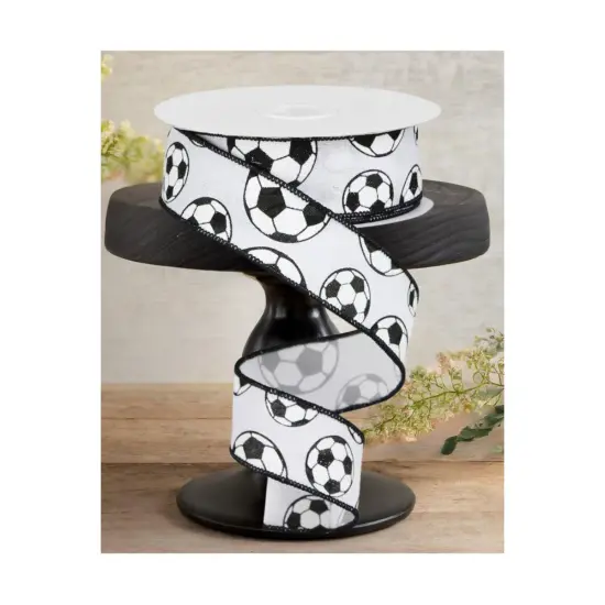 1.5" Glitter Soccer Ball Ribbon: White (10 Yards) {2}