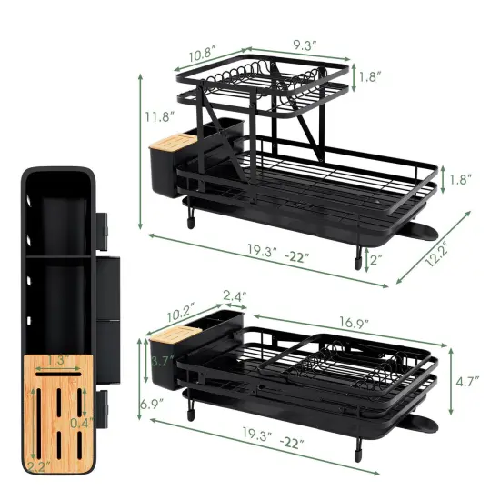 2-Tier Black Foldable Dish Drainer Rack with Retractable Spout and Removable Drip Tray {5}