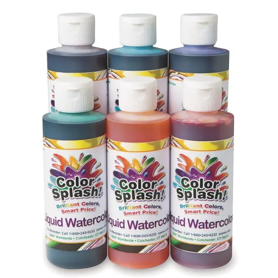 S&S Worldwide Color Splash! Liquid Watercolor Paint, 6 Vivid Concentrated Colors, 8-oz Flip-Top Bottles, For All Watercolor Painting, Use to Tint Slime, Clay, Glue, Shaving Cream, Non-Toxic. Pk of 6. {1}