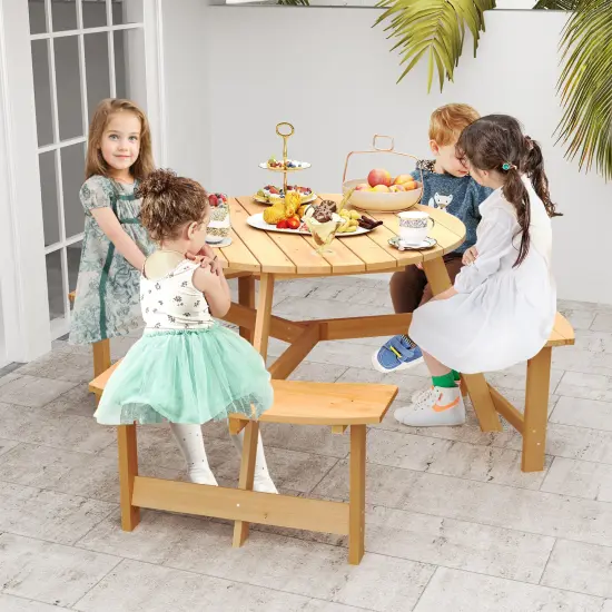 Natural Fir Wood Round Kids Picnic Table Set with Benches and Umbrella Hole {2}