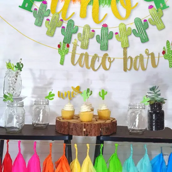 2 Set Fiesta Taco Bar Cactus Banner Garland, Gold Green Glittery Fiesta Banner for Mexican Fiesta Party Cinco De Mayo Decorations {2}