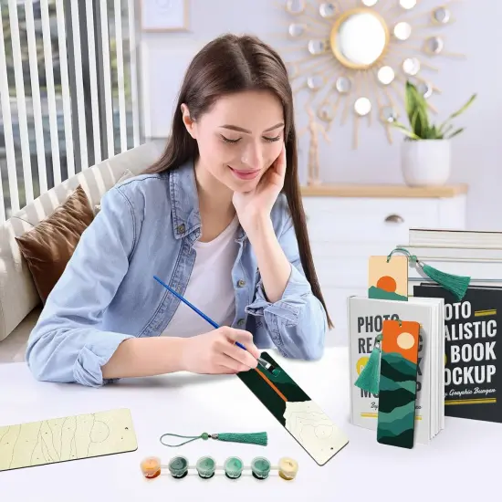 Mountain Paint by Numbers Kit for Adults, 4 Pack Wood Bookmarks Paint by Numbers for Book Lovers, DIY Sunset Painting by Number Bookmarks with Tassel, Easy Paint by Number Kits for Gift 7x2 Inch {2}