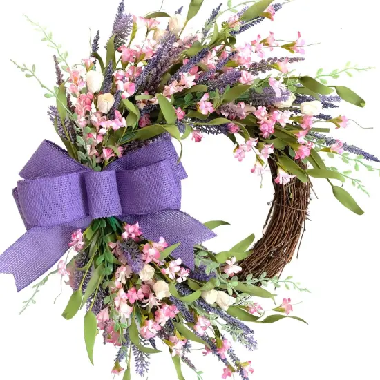 18 Inch Summer Forsythia & Lavender Wildflower Wreath for Front Door &ndash; Rustic Farmhouse Artificial Flower Wreath with Burlap Bow for Indoor and Outdoor Home Decor {1}