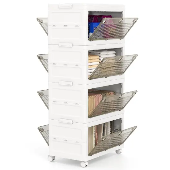 White PP HIPS 4-Tier Stackable Storage Bins and Quick Fold with Rolling Casters {1}