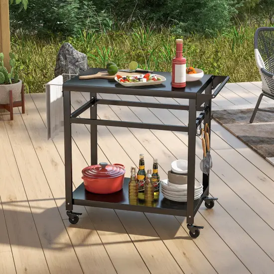 Black Metal BBQ Cart Table with Storage Shelf, Hooks and Lockable Wheels {2}