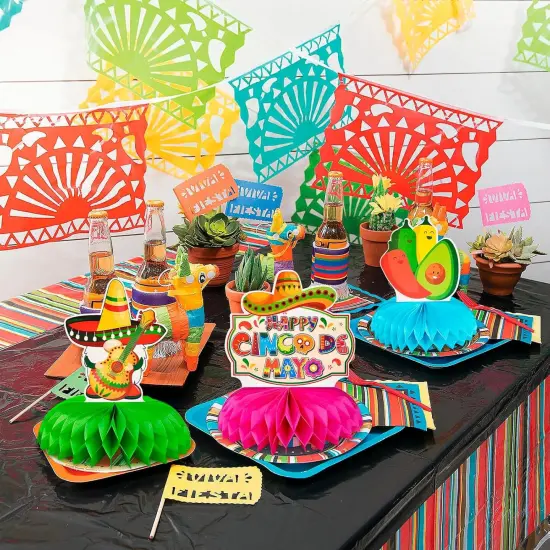 9 Pieces Cinco de Mayo Festival Honeycomb Centerpieces Table Decor, Mexican Fiesta Vibrant Cactus, Pi&ntilde;ata, Taco and Sombrero Pattern Table Topper Ornaments Signs, Holiday Party Decorations {5}