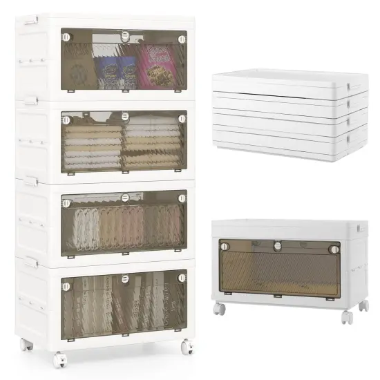 White PP HIPS 4-Tier Stackable Storage Bins and Quick Fold with Rolling Casters {3}