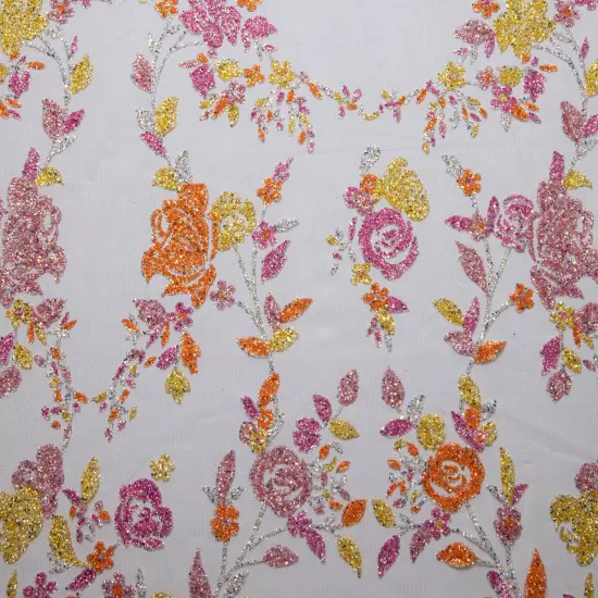 1 Yard Tulle Lace Fabric with Multicolor Glitter Floral Design, 58&Prime; Wide Pink {1}