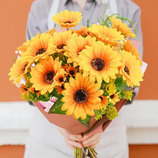 4PCS Summer Floral Arrangement Sunflowers Artificial Flowers, Fake Silk Flowers with 7 Stems for Indoor/Outdoor Home Centerpieces, Wedding Bouquet, Office DIY D&eacute;cor (Orange Yellow) {3}