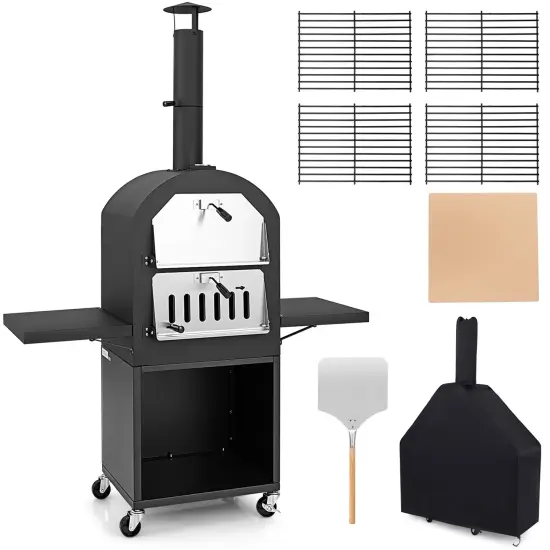 Outdoor Wood-Fired Pizza Oven with Wheels, Thermometer & Accessories {1}