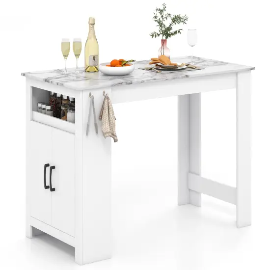 White MDF Bar Table with Faux Marble Top, Adjustable Shelf and Hooks {4}