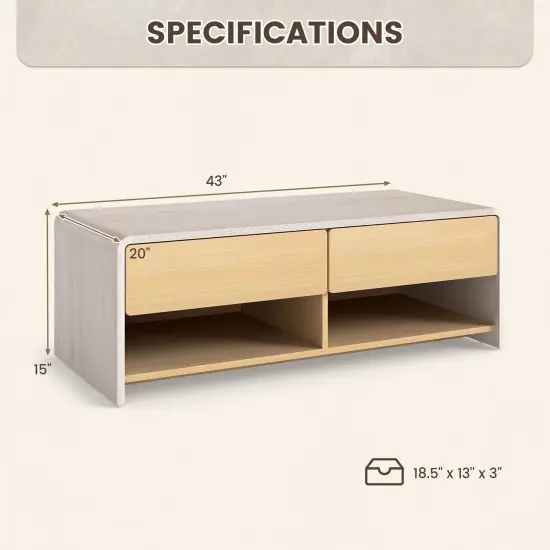 Modern White & Natural Coffee Table with Drawers and Open Storage {5}
