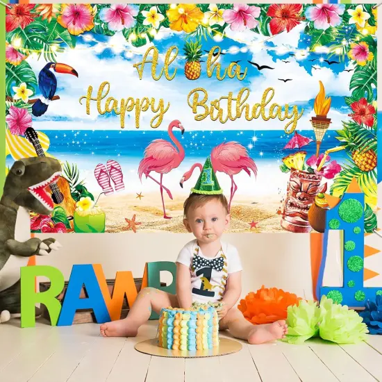 Birthday Party Decorations Supplies, Summer Hawaiian Birthday Backdrop for Tropical Flamingo Pool Beach Party Decoration {4}