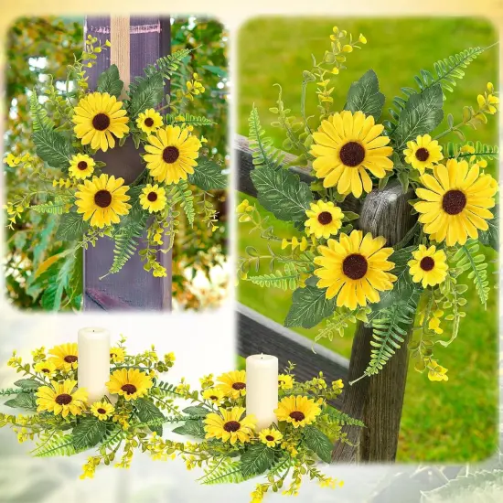 6 Pcs Sunflower Wreaths for Front Door &ndash; Artificial Yellow Floral Swag for Summer, Candle Rings for Pillars, Cabinets, and Window Home D&eacute;cor {5}