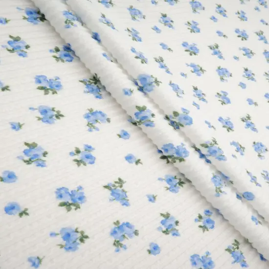 1 Yard Double Knit Cozy Digital Ditsy Printed Fabric Soft Stretch Knit 56/57 Inch Wide IVORY/BLUE {3}
