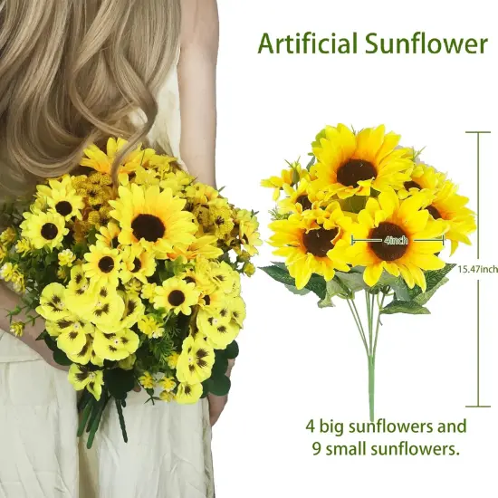 Artificial Sunflower Bouquets, 15&rdquo; Tall Silk Fake Sunflowers for Home Decor, DIY Garden Craft Arrangements (2 Pack) {3}