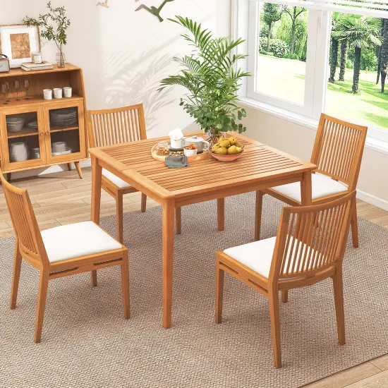 Natural Acacia Wood 4-Person Patio Dining Square Table with Umbrella Hole {3}