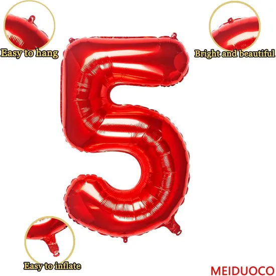 32 Inch Red Number 5 Balloons Foil Ballon Digital Birthday Party Decoration Supplies (Red Number 5 Balloon) {2}