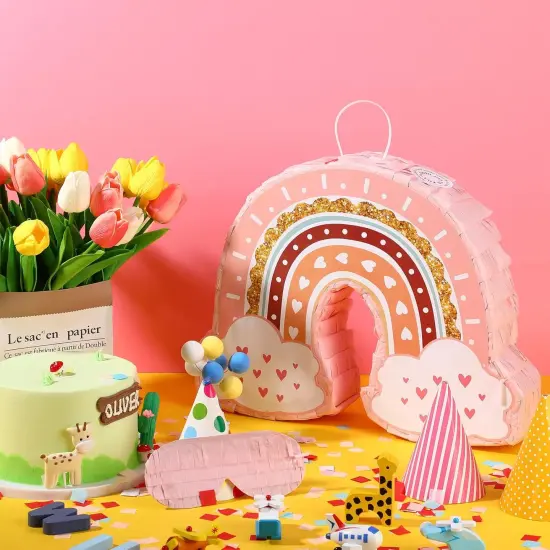 Rainbow Pi&ntilde;ata Pink Rainbow Birthday Party Pi&ntilde;ata with Bat Stick Blindfold Boho Theme Birthday Baby Shower Toys Games Party Supplies Decor {3}