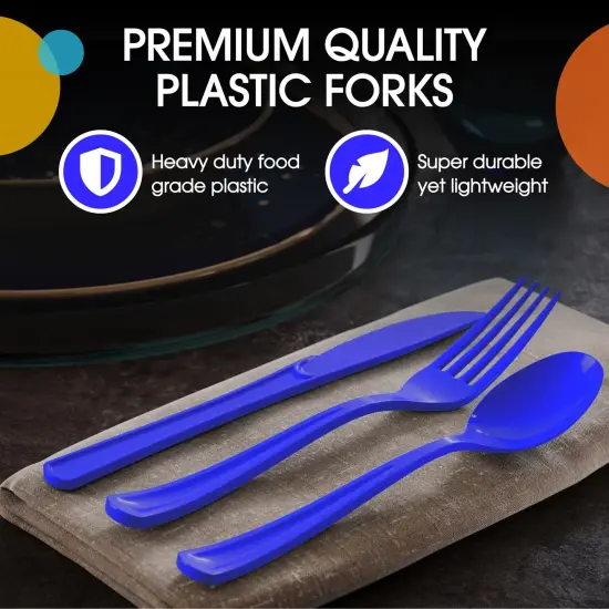 Exquisite Polished Plastic Silverware &ndash; 150 Pcs Heavy Duty Cutlery Set &ndash; 50 Each of Forks, Knives & Spoons &ndash; Disposable Utensil Set for Parties, Events & Catering &ndash; Flatware Set by Party Solids Dark Blue {4}