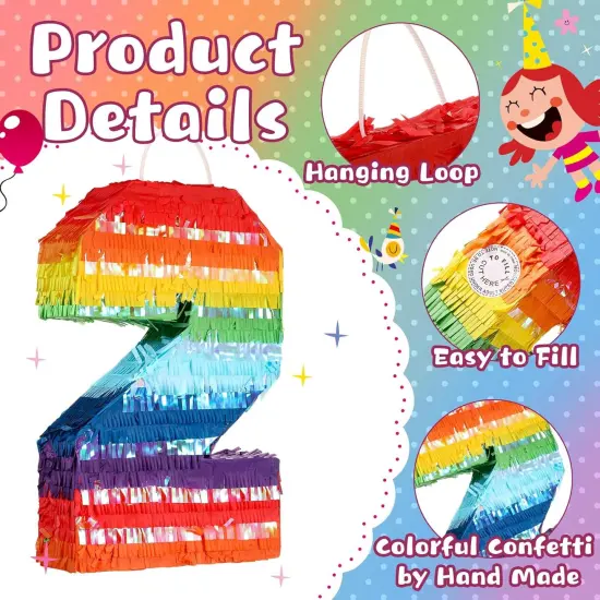 Rainbow Mexican Number 2 Pi&ntilde;ata for Kids with Blindfold Stick and Confetti Birthday Party Decoration Pi&ntilde;ata for Anniversary Cinco de Mayo Fiesta Party Decor(Number 2) {4}