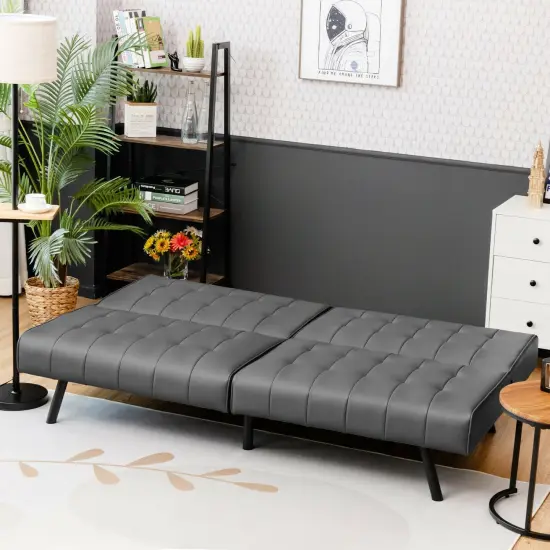 Futon Sofa Bed PU Leather Convertible Folding Couch Sleeper Lounge-Gray {3}