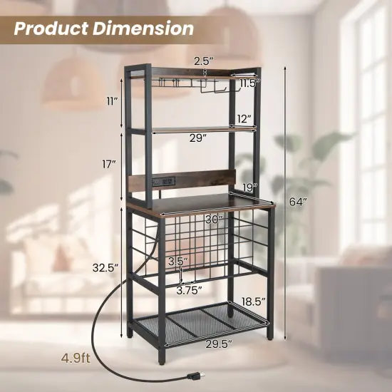Brown Multi-functional Wine Bar Rack with 4 Tier Storage Shelves and Power Outlets {5}