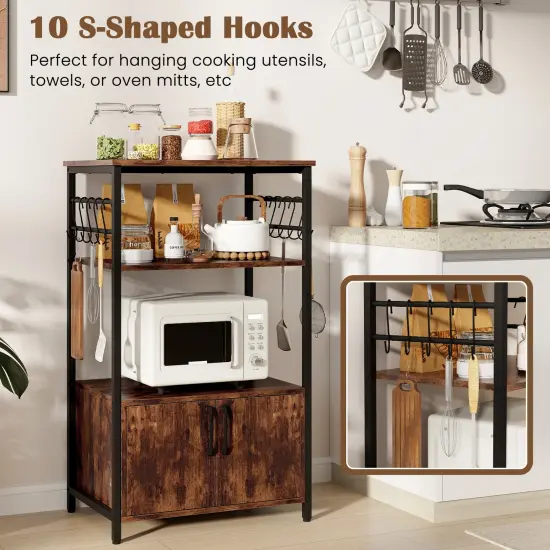 3-Tier Brown Kitchen Bakers Rack with 2 Doors Cabinet and 2 Open Storage Shelves {6}