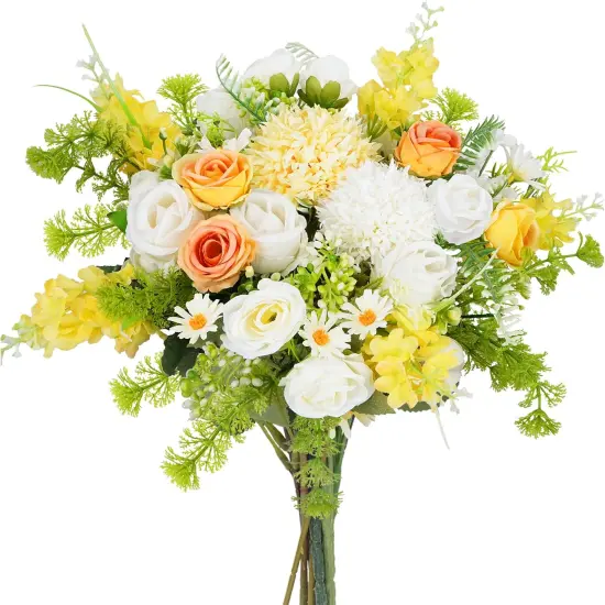 8Pcs Artificial Silk Rose Bouquet Yellow with Faux Lilac Floral Arrangements, White Flowers Picks for Home Table Centerpieces Summer Decorations {1}