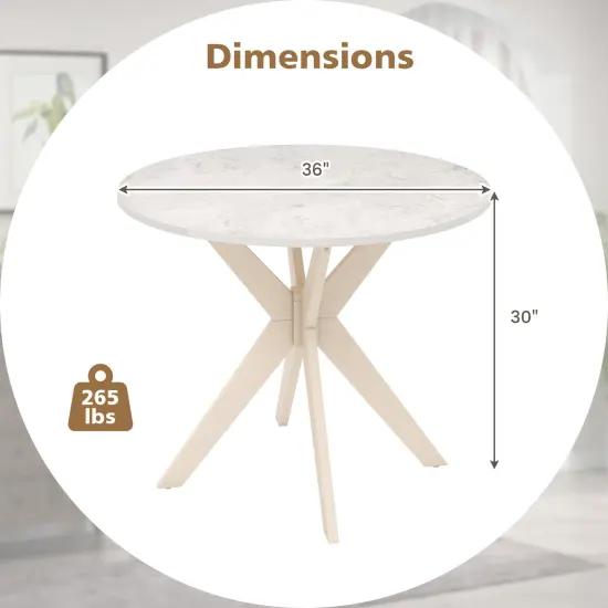 White Rubber Wood Round Dining Table with Faux Marble Top {5}