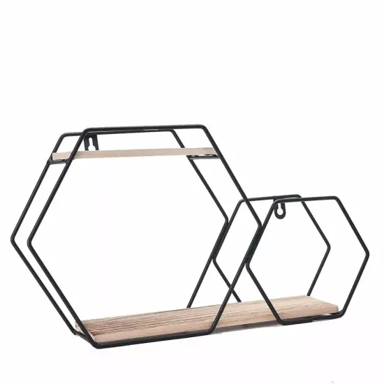 Black Natural 2 Tier Hexagon Metal Wood Geometric Floating Shelf Decorations {1}