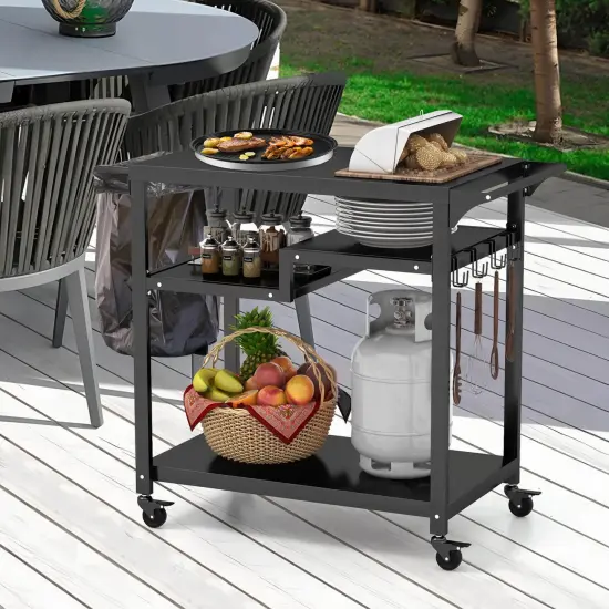 Black Metal Outdoor Grill Table, Rolling Prep Cart with Shelves and Hooks {2}