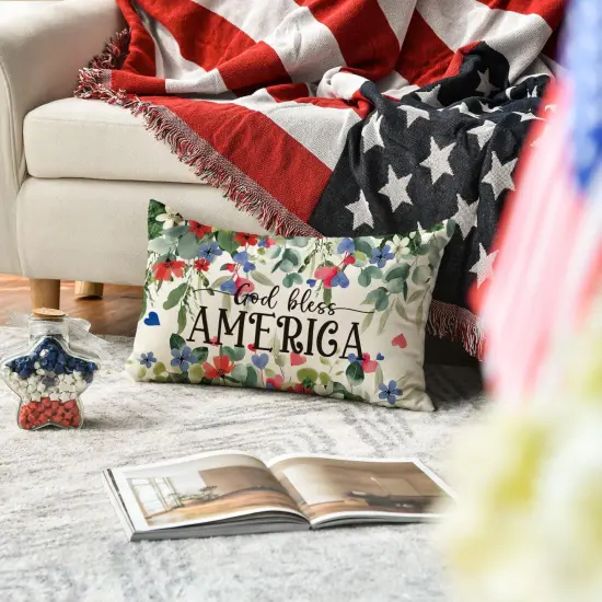 Patriotic Independence Day Throw Pillow Cover, 12 x 20 Inch God Bless America Flowers Decor Cushion Case for Sofa Couch {2}