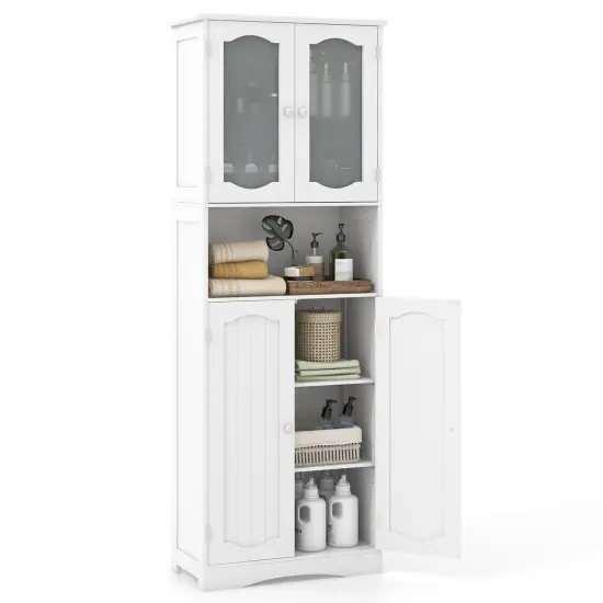 64.5 Inches Tall Bathroom Storage Cabinet with Frost Glass Doors and Shelves-White {4}