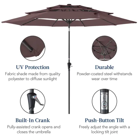 Best Choice Products 10ft 3-Tier Patio Umbrella, Market Sun Shade w/ Tilt Adjustment, Easy Crank Deep Taupe {6}