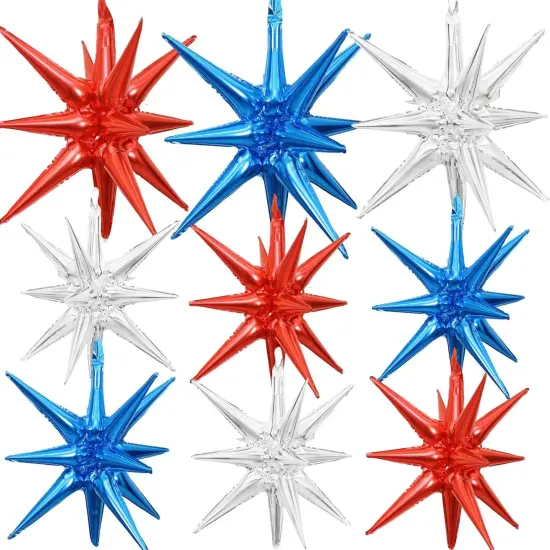 9 Pieces Red White Blue Explosion Star Balloons, Large 27 & 22 Inches 14-Pointed One-Piece Cone Stars Fireworks Foil Balloons for 4th of July, Independence Day USA Patriotic Party Decorations {1}