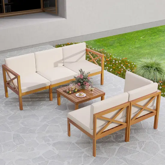 Off-White Cushioned Acacia Wood 6-Piece Patio Set, Modular Sectional with Coffee Table {3}