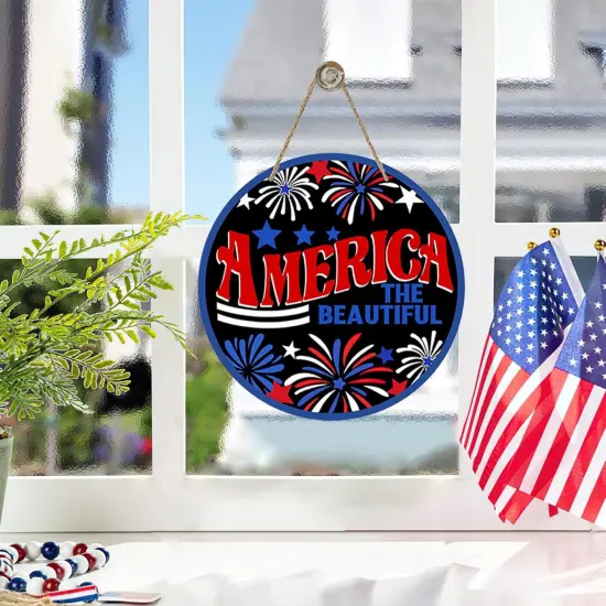 Patriotic American Fireworks Wood Door Hanger Outdoor Outside Porch Decor, USA Stars Wooden Wreath Indoor Wall Hanging Decoration {4}