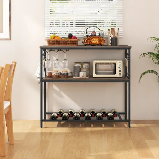 Grey Wooden Kitchen Island with 3 Shelves Wine Glass Holders and 10 Metal Hooks {6}