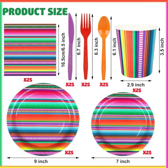 177 PCS Mexican Fiesta Party Supplies Fiesta Tableware Set Mexican Serape Paper Plates Napkins Cups Mexico Stripes Plastic Tablecloth for Cinco De Mayo Mexico Birthday Party {2}