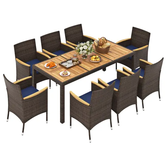 Mix Brown PE Rattan Acacia Wood 9-Piece Patio Dining Set with Cushions {4}