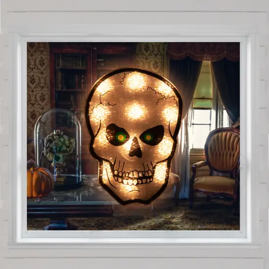 Northlight Lighted Holographic Halloween Skull Window Silhouette - 12" - Clear Lights Silver {4}