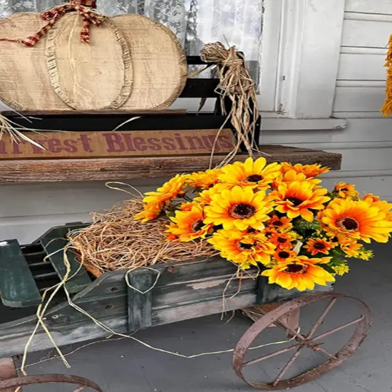 4PCS Summer Floral Arrangement Sunflowers Artificial Flowers, Fake Silk Flowers with 7 Stems for Indoor/Outdoor Home Centerpieces, Wedding Bouquet, Office DIY D&eacute;cor (Orange Yellow) {5}