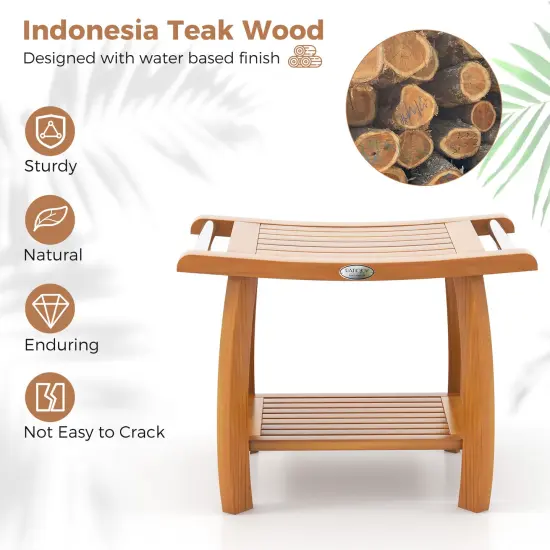 2-Tier Teak Wood Slatted Design Shower Bench Stool with Curved Seat and Bottom Storage Shelf {6}