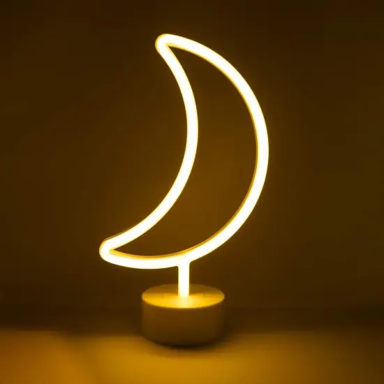 Summer LED Neon Yellow Crescent Moon Tabletop Lamp with White Base, Battery Powered Night Light for Nightstand, Bedroom D&eacute;cor, Party, and Celebrations {1}